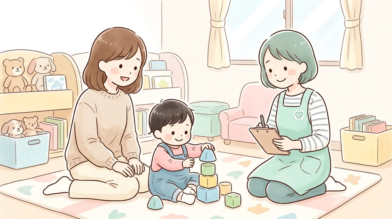 1歳半健診で積み木遊びをしながら保健師に見守られる親子の様子