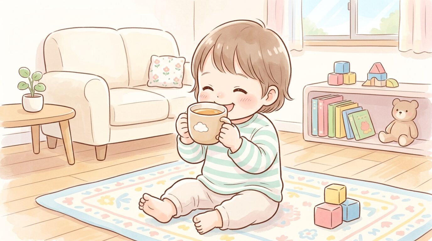 リビングでコップを両手で持ち麦茶を飲む2歳くらいの子どもの笑顔