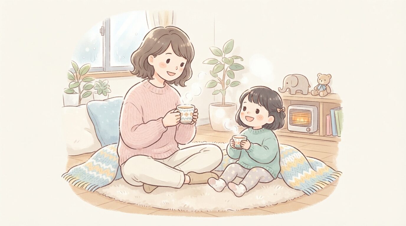 冬の暖かい部屋で温かい麦茶を飲む親子のほのぼのとしたシーン