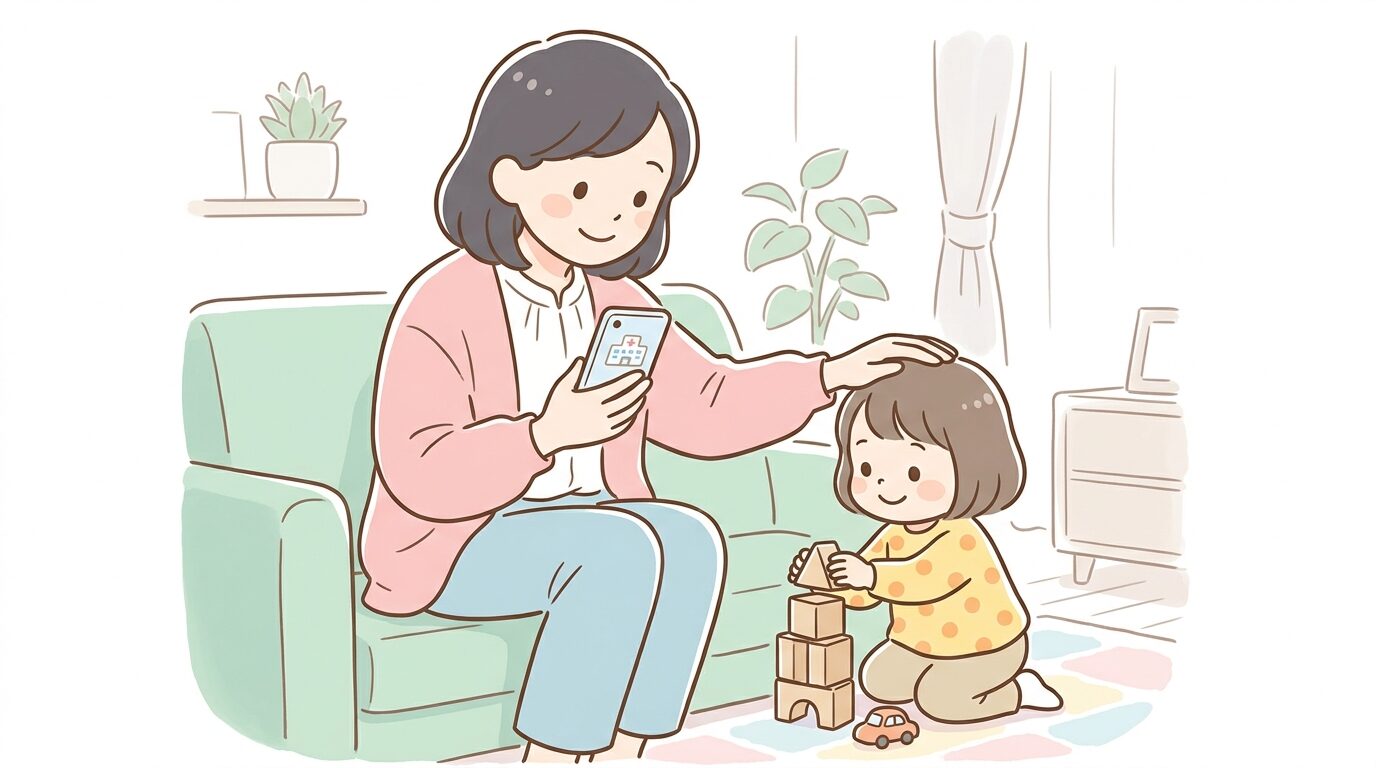 スマートフォンで小児科の情報を調べながら子どもの様子を見守る母親