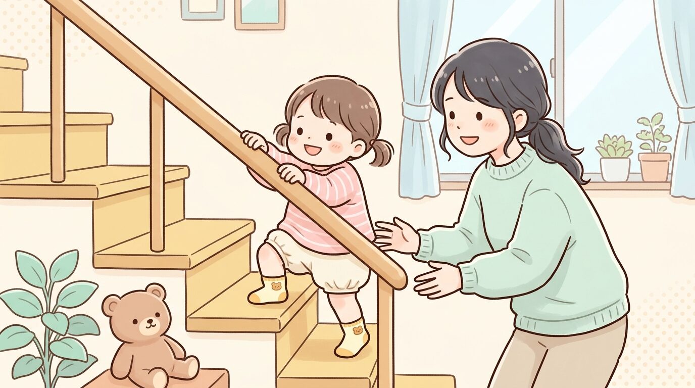 リビングの階段を手すりにつかまりながら笑顔で上る2歳児と、後ろで見守る母親の温かい様子