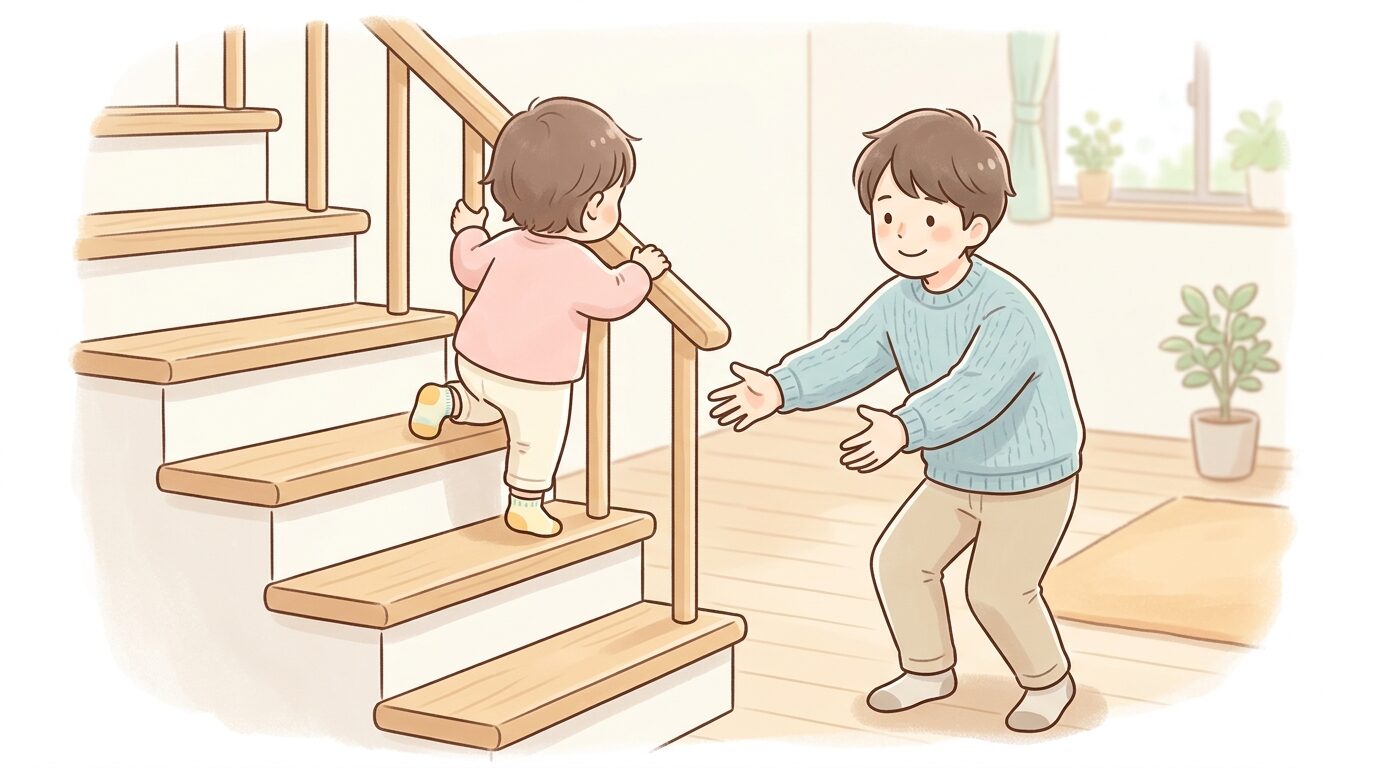 階段の一段下から両手を広げて子どもを見守る父親と、慎重に一段ずつ下りる2歳児の後ろ姿