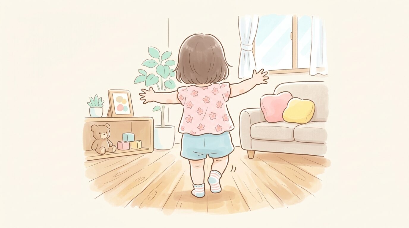 リビングで両手を広げてよちよちバランスを取りながら歩く2歳児の後ろ姿