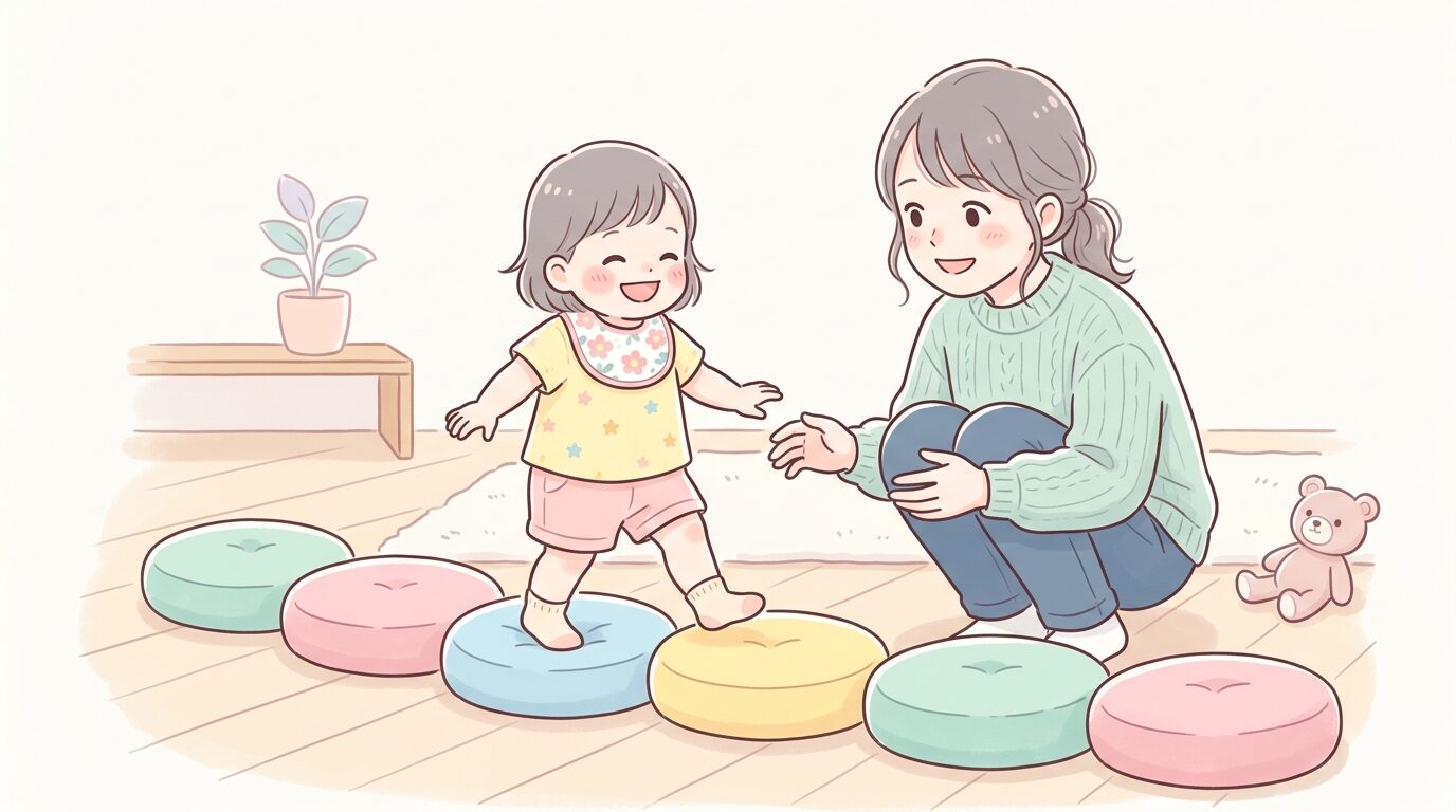 床に並べたクッションの上を笑顔で渡り歩く2歳児と見守る親