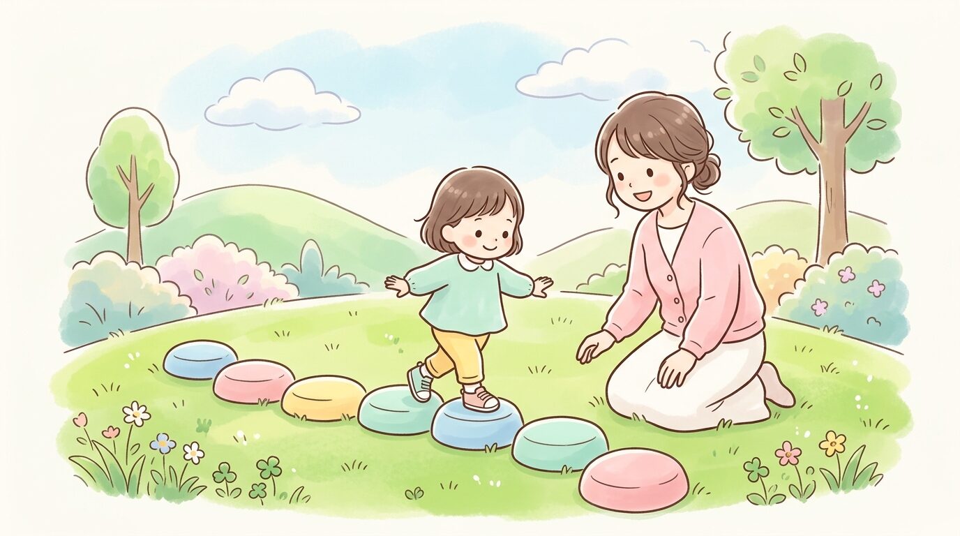 公園の芝生でバランスストーンを一列に並べて遊ぶ親子の様子
