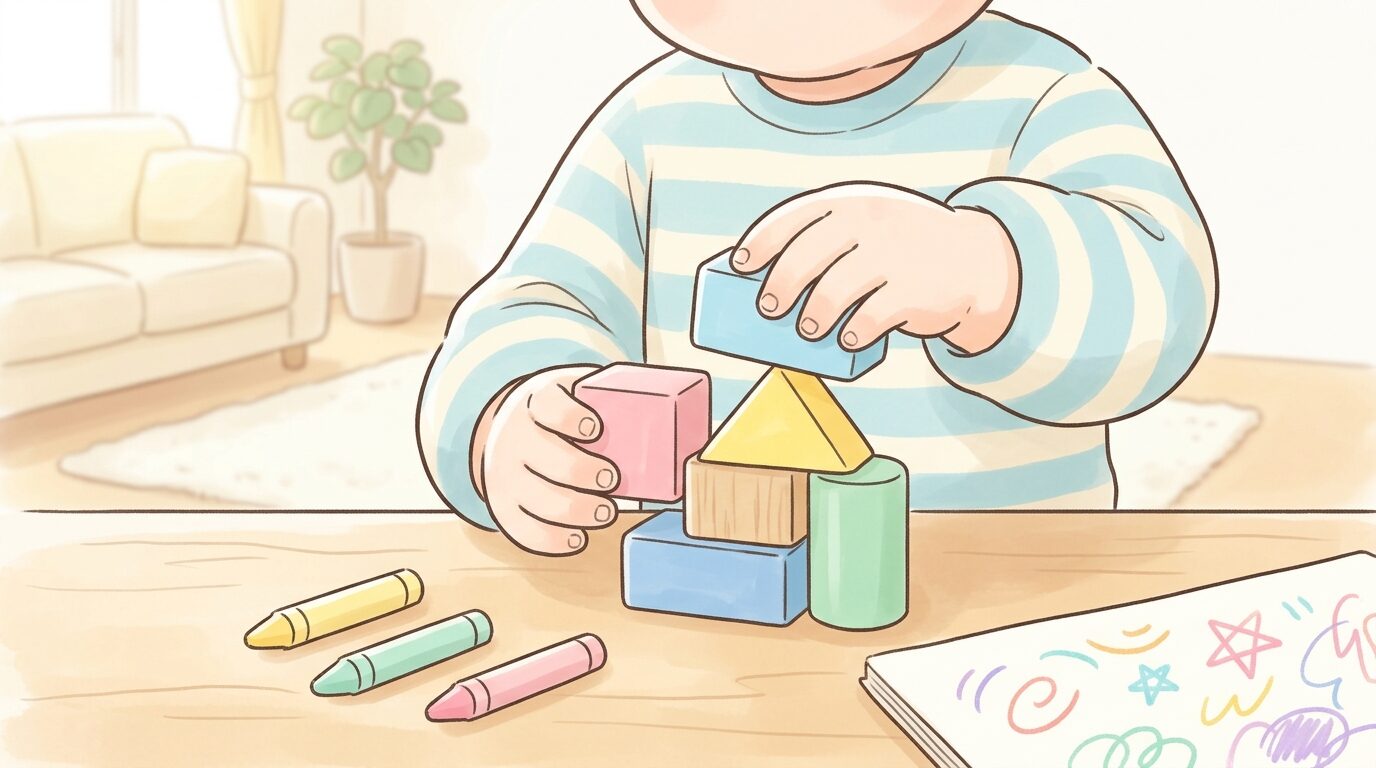 積み木やクレヨンで遊ぶ2歳児の手元のクローズアップ、明るいリビングの雰囲気