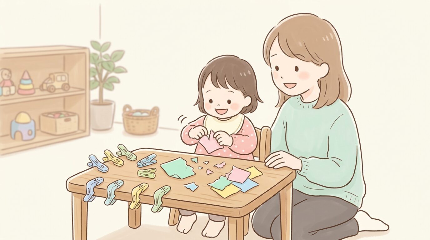 洗濯ばさみや紙をちぎって遊ぶ2歳児と見守る保護者の様子、テーブルの上に散らばる色紙