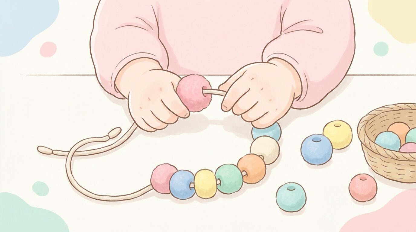 100円ショップの材料で作った手作りひも通し教材と、それで遊ぶ子どもの手元