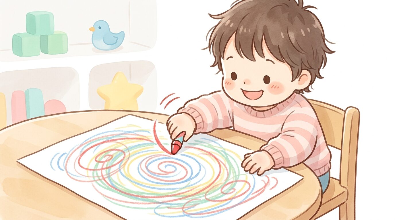 クレヨンで大きな渦巻き線を紙いっぱいに描く2歳児の手元、笑顔で夢中になっている様子