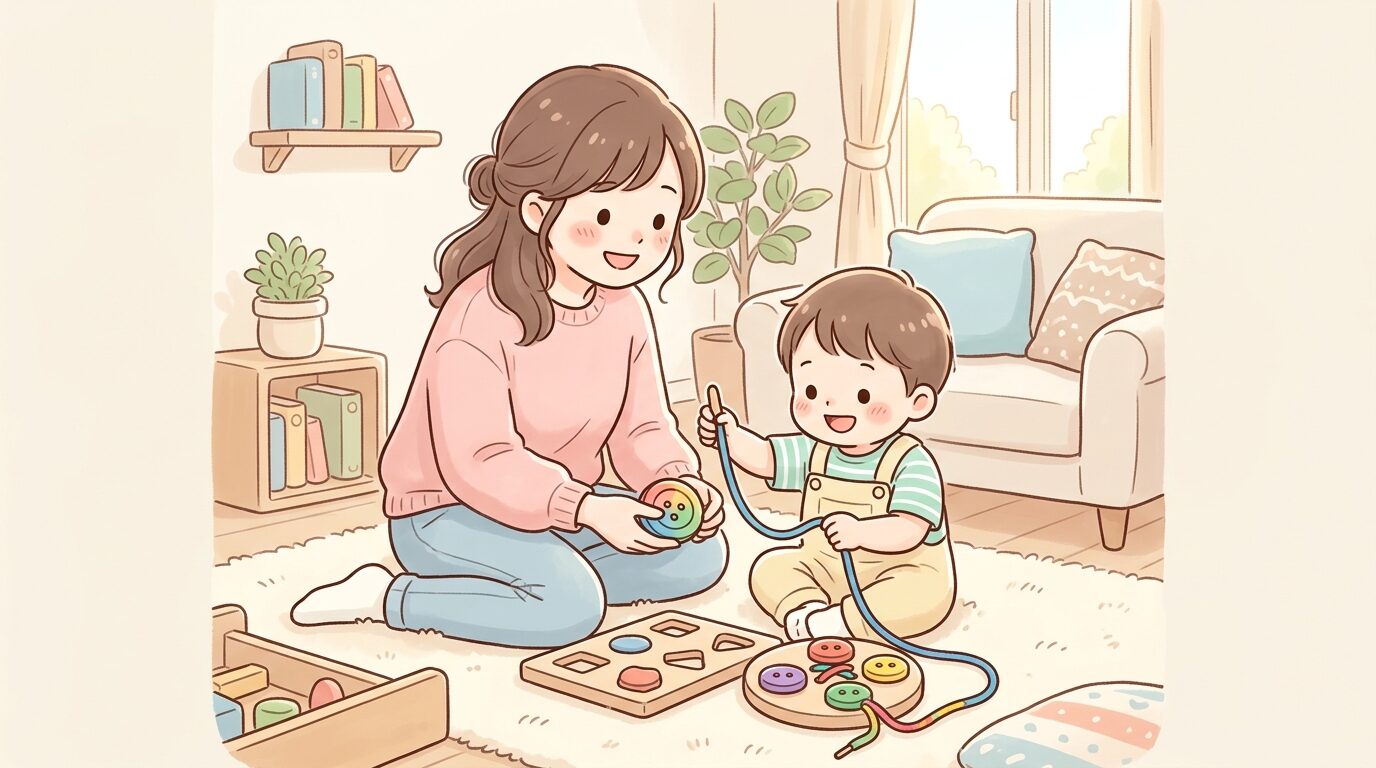 親子でボタンかけやひも通しの知育玩具を一緒に楽しむ様子、リビングの温かい雰囲気