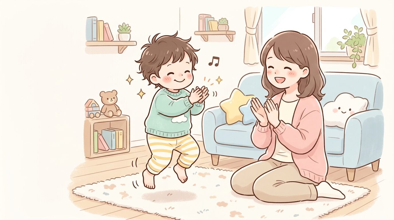 リビングで音楽に合わせて手を叩きながら笑顔でジャンプする2歳児と、それを見守る母親の温かい様子