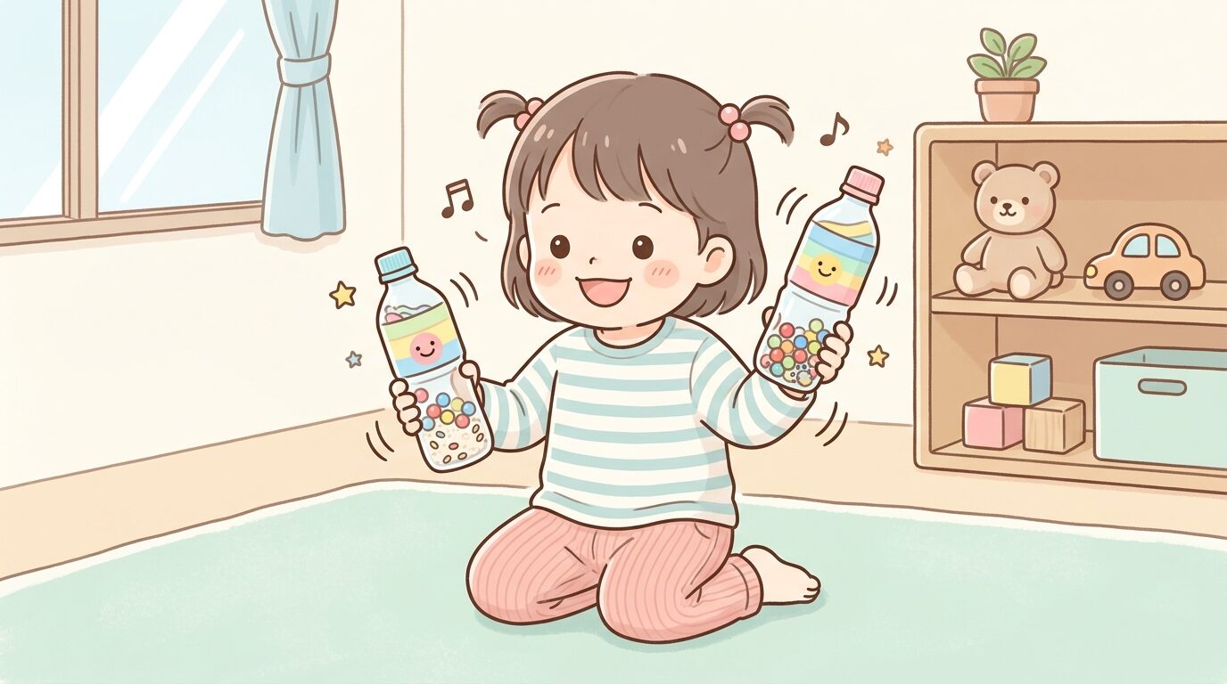 手作りのペットボトルマラカスを両手に持って楽しそうに振る2歳くらいの子どもの様子