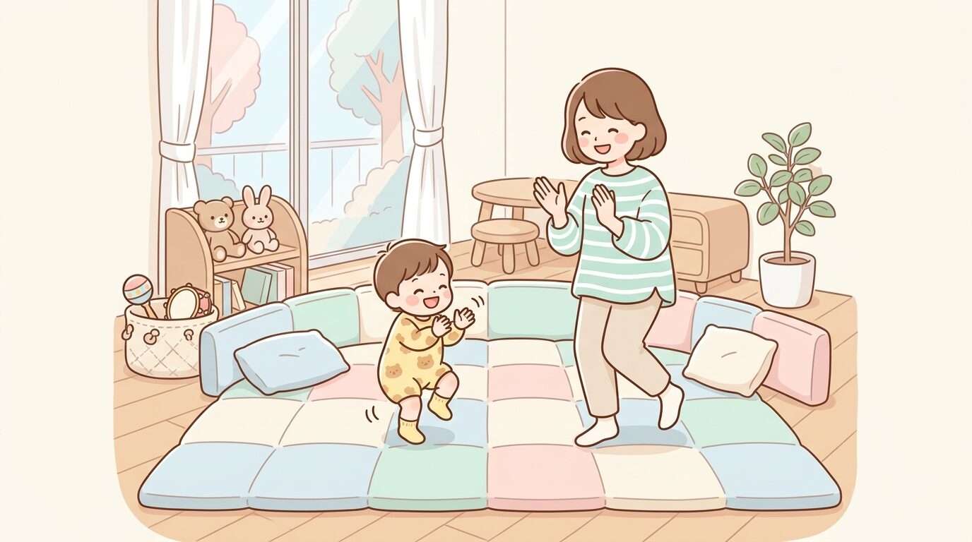 広々としたリビングで安全に配慮しながら親子でリズム遊びを楽しむ様子、床にクッションマットが敷かれている