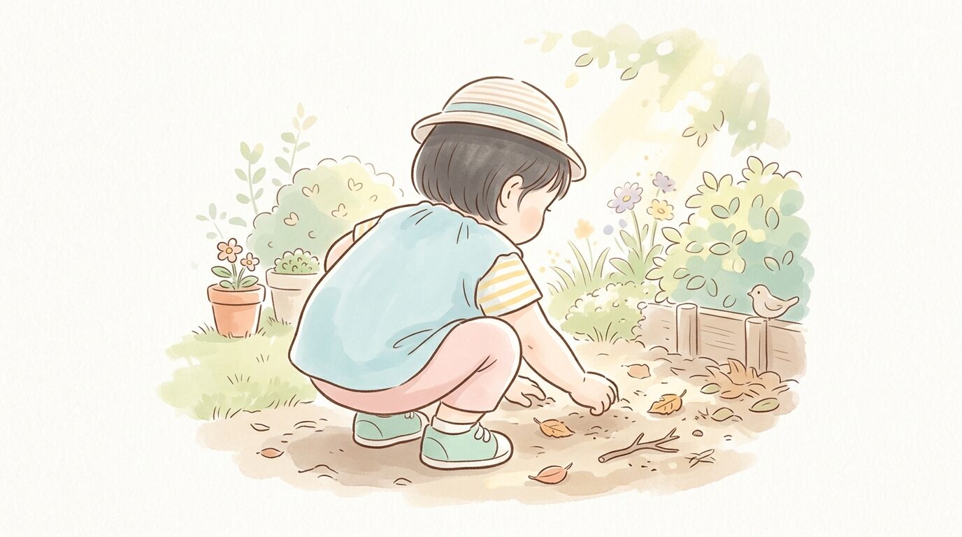 小さな庭でしゃがんで土や落ち葉に触れる2歳児の後ろ姿、柔らかな午前の光