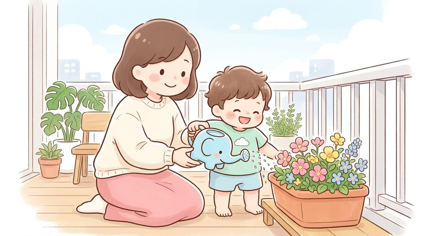 マンションのベランダで親子が一緒にプランターの花に水をやる微笑ましい様子