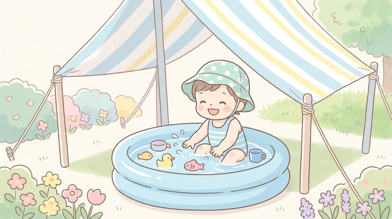 庭のタープの下で帽子をかぶった2歳児が水遊びをしている涼しげな夏の光景
