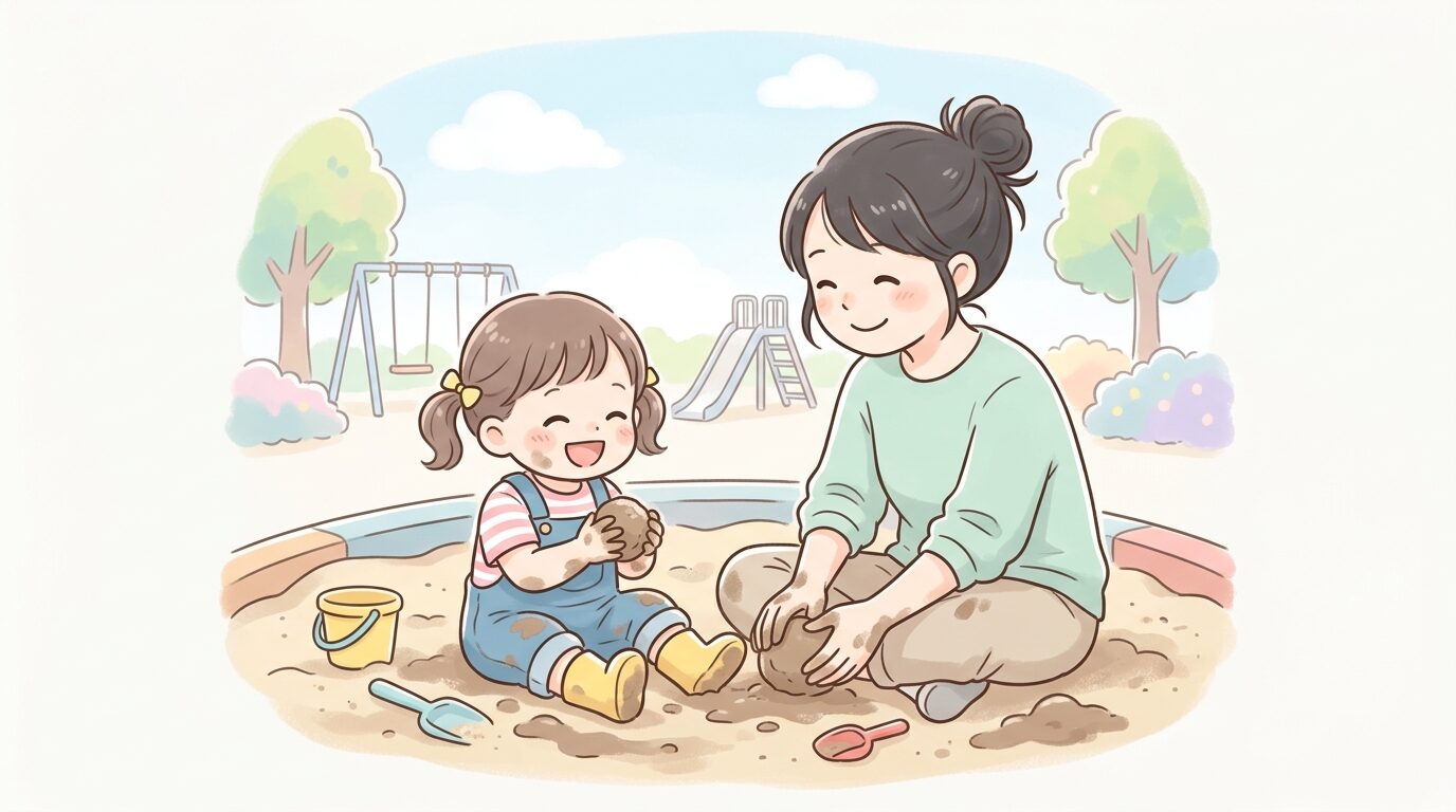 公園の砂場で泥だんごを作って笑顔を見せる2歳児と、隣で一緒に泥に触れる母親の様子