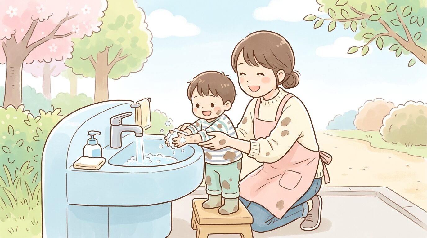 泥遊びの後に公園の水道で親子で丁寧に手を洗っている様子