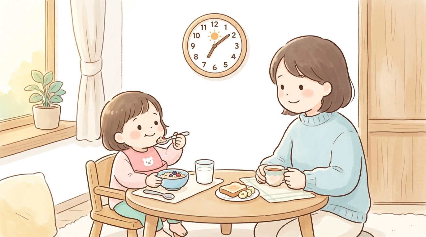 リビングのテーブルで時計を見ながら朝食を食べる2歳児と見守る母親、あたたかい朝の光