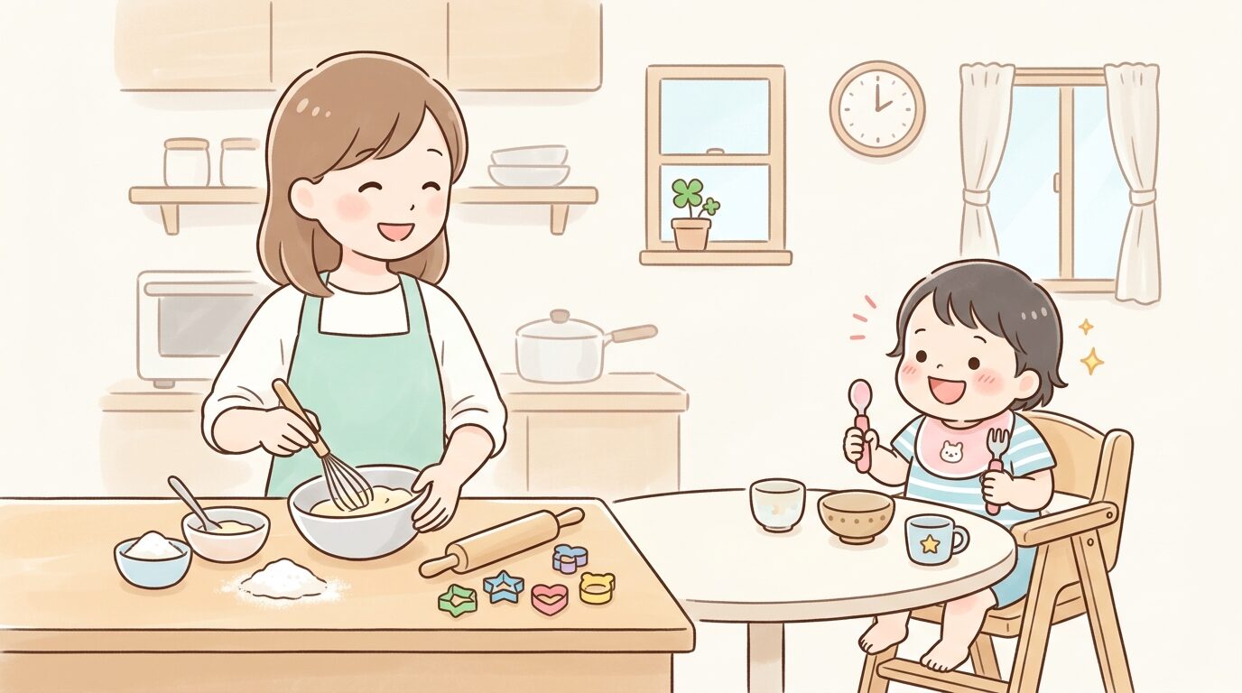 キッチンで手作りのおやつを用意する親と、テーブルの前で待つ笑顔の2歳児