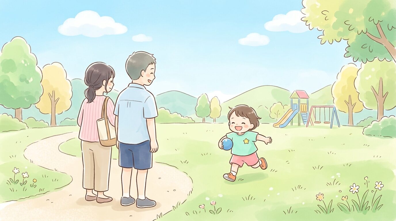 公園で元気に遊ぶ2歳児と、その様子を優しく見守る親の後ろ姿、青空の下