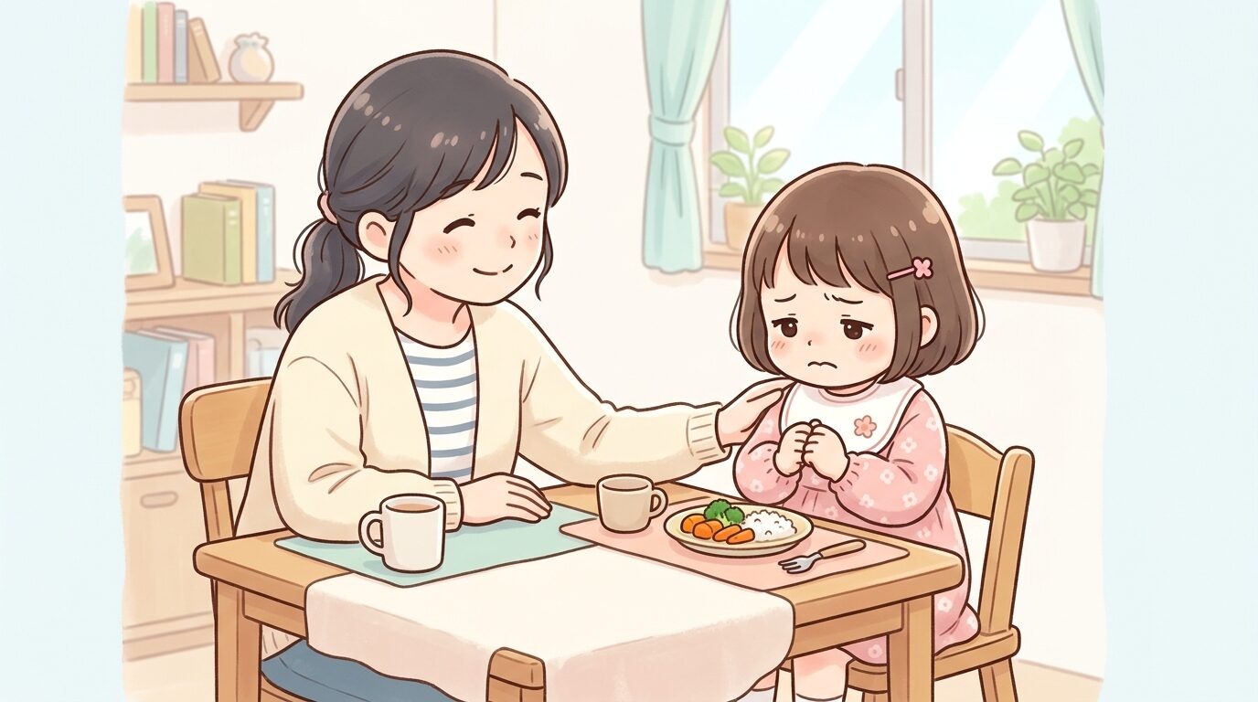 食卓でにんじんを前に困った表情を浮かべる2歳くらいの女の子と、隣で見守る母親の温かい様子