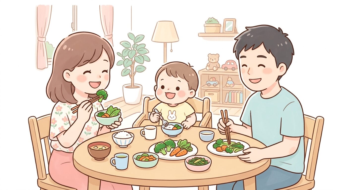 家族で一緒に夕食のテーブルを囲み、親が野菜料理を笑顔で食べて見せている温かいリビングの様子