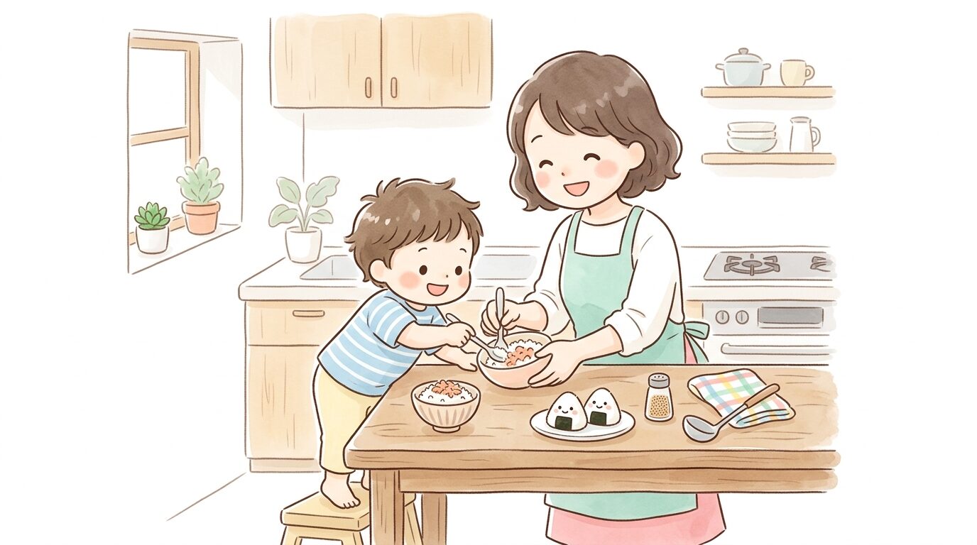 キッチンで親子一緒に鮭のフレークをおにぎりに混ぜている微笑ましいシーン