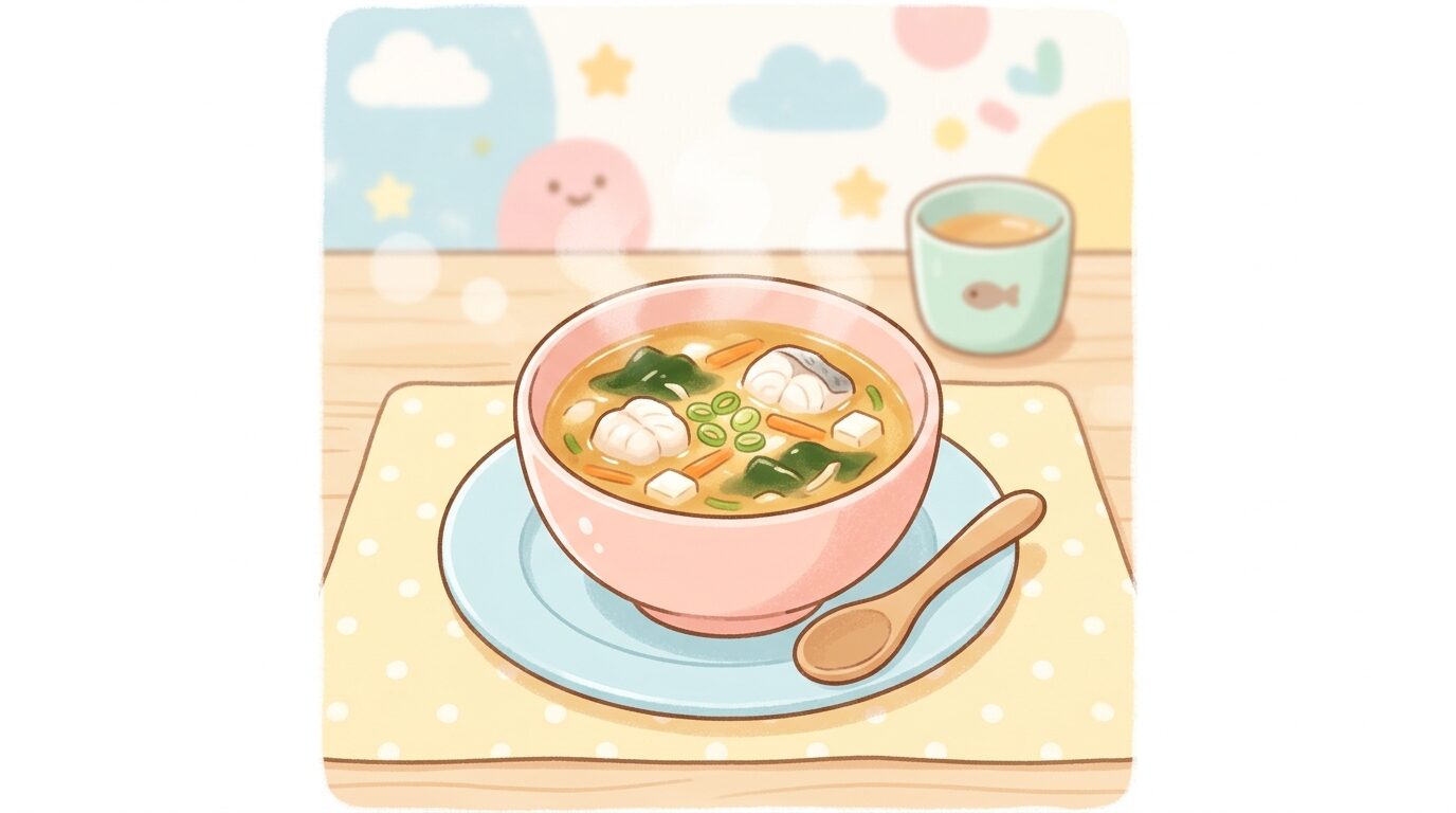 温かい味噌汁に白身魚とわかめが入った、幼児向けの優しい色合いの一食