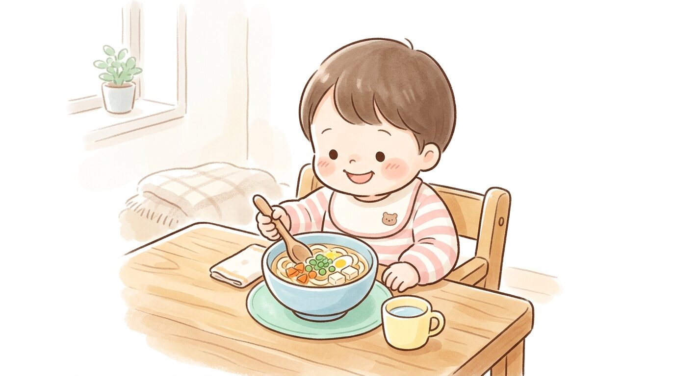 木製テーブルで子供用の器に盛られたカラフルな野菜うどんを見て笑顔になる2歳児