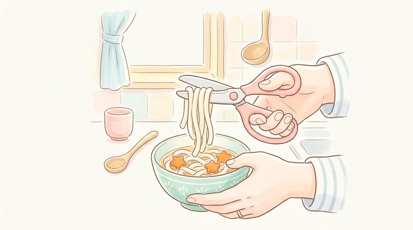 キッチンでキッチンばさみを使いうどんを短くカットする親の手元アップ