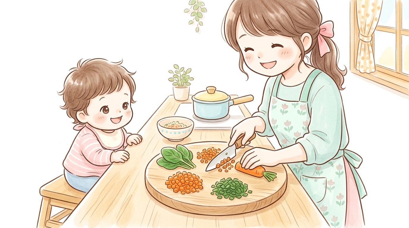 まな板の上でにんじんやほうれん草を細かくみじん切りにする様子