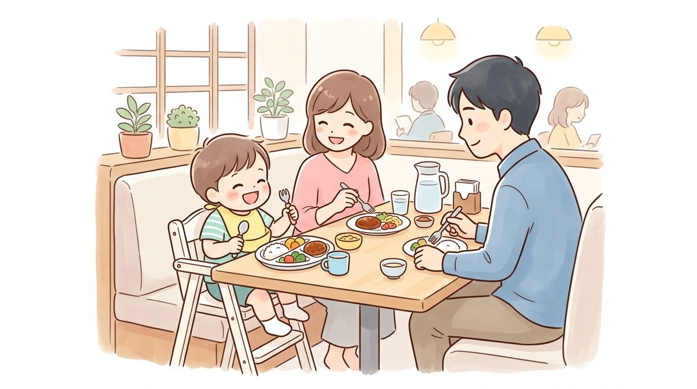ファミリーレストランのボックス席で、ベビーチェアに座った2歳児が親と一緒に笑顔で食事をしている様子