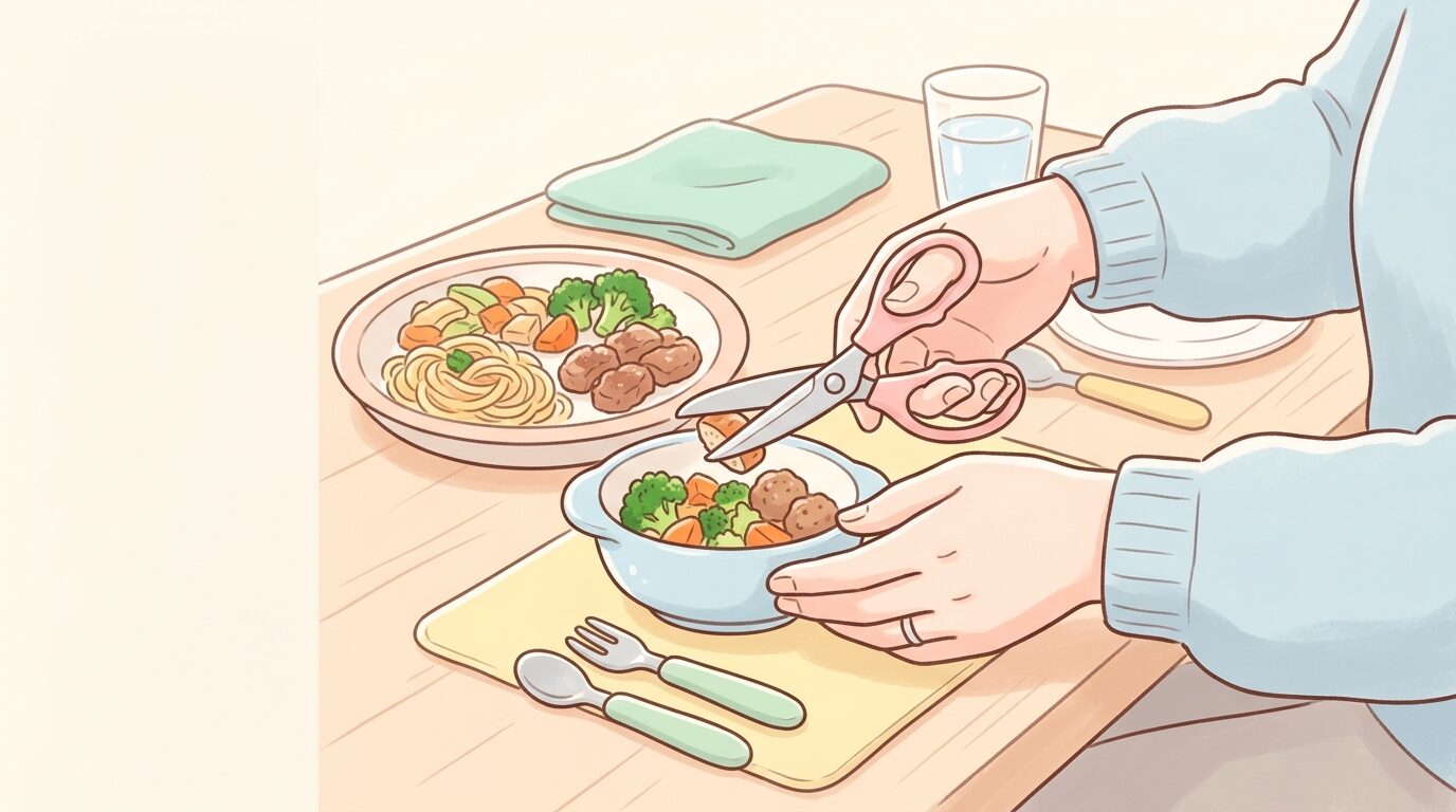 テーブルの上で親が子ども用の小皿に料理を取り分け、キッチンばさみで食べやすい大きさに切っている手元のクローズアップ