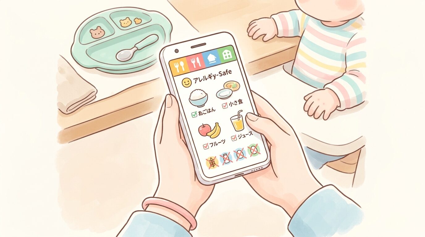 スマートフォンでファミリーレストランのアレルギー対応メニュー情報を確認する親の手元