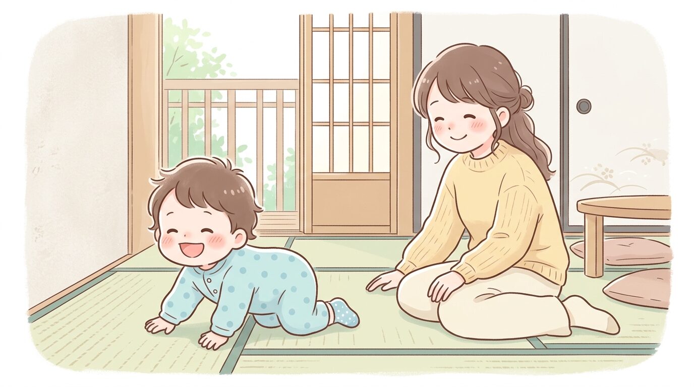 畳の和室で楽しそうにハイハイやよちよち歩きをする2歳児と見守る母親