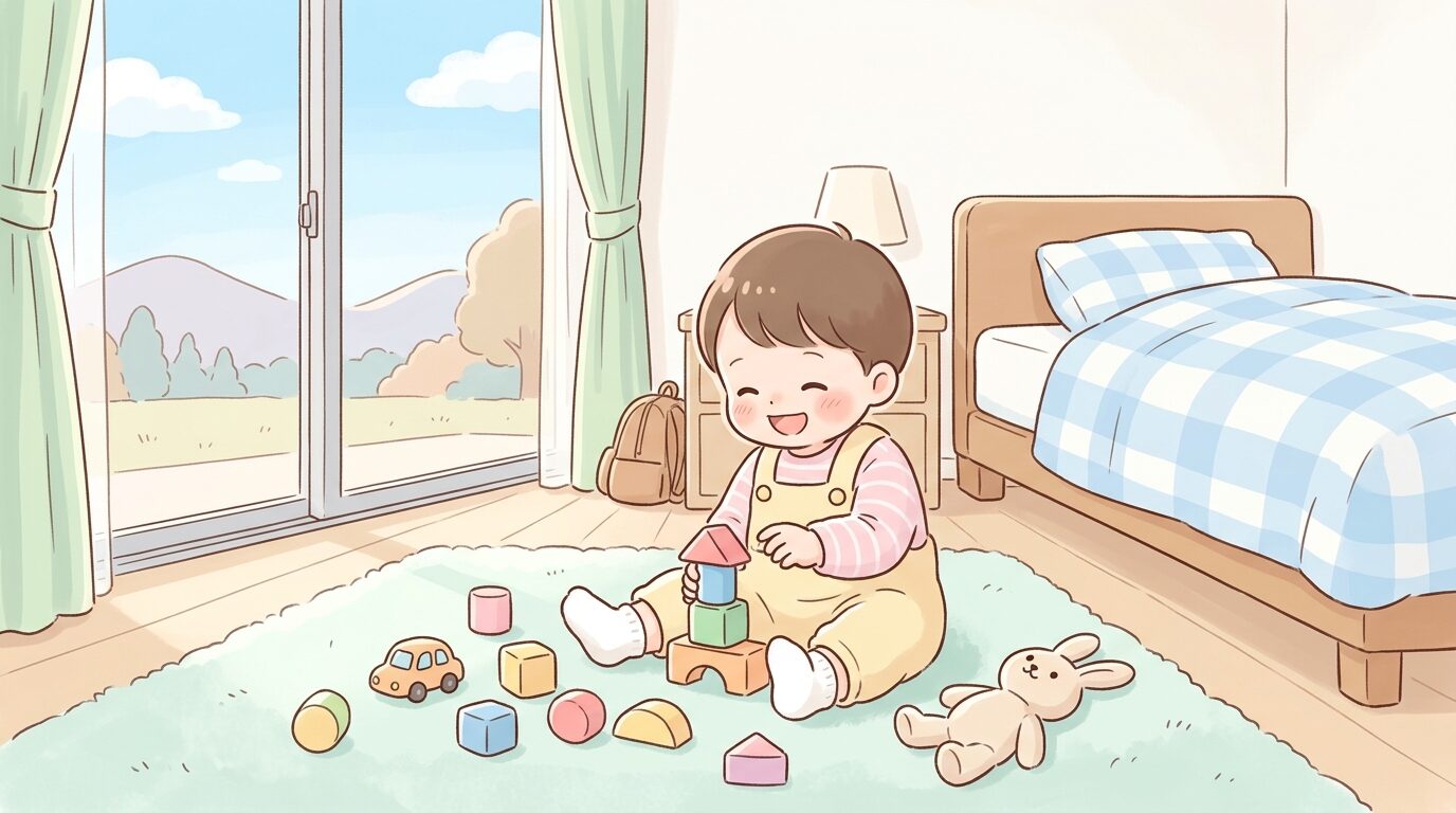大きな窓から光が差し込む明るいホテルの客室でおもちゃに夢中になる2歳の子ども