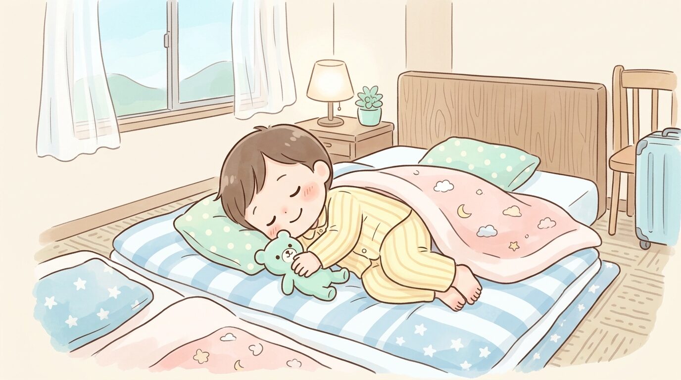 ホテルの部屋でお昼寝布団に横になり安心した表情で眠る2歳児