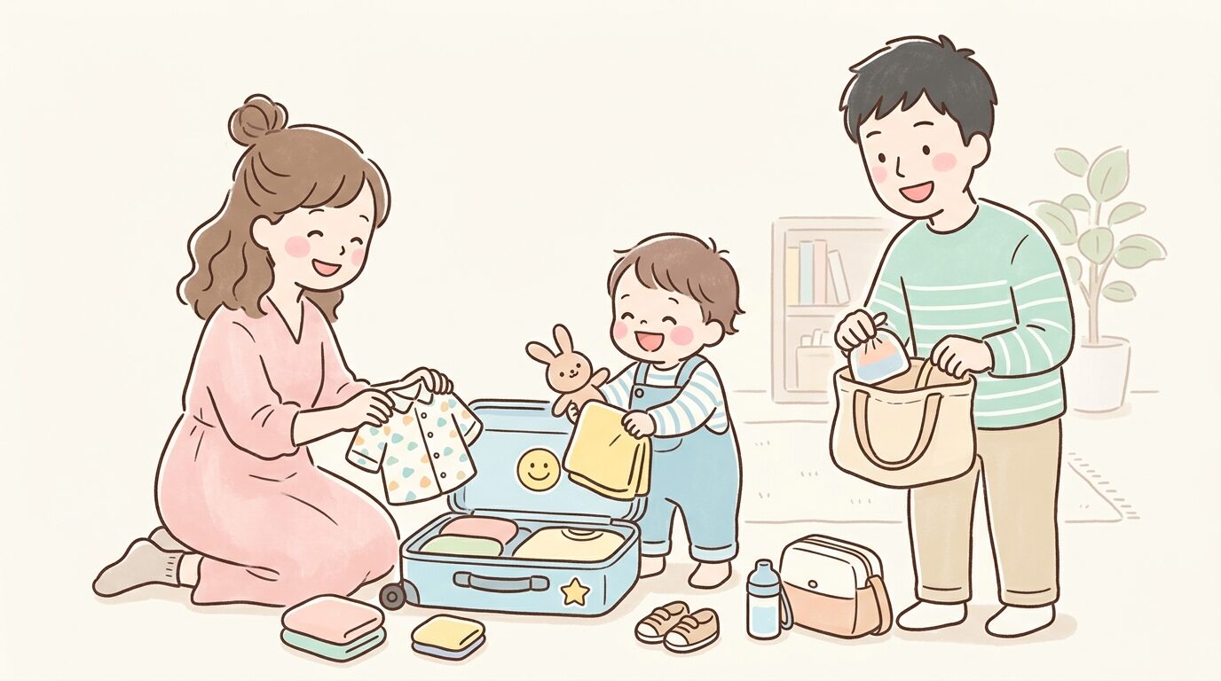 スーツケースの横で2歳くらいの子どもと両親が笑顔で帰省の準備をしている家族の様子