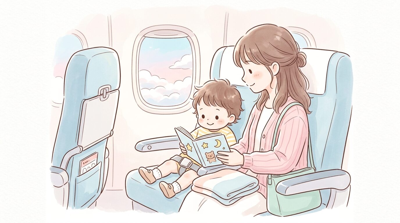 飛行機の座席で絵本を読みながらリラックスする2歳児と母親の横顔