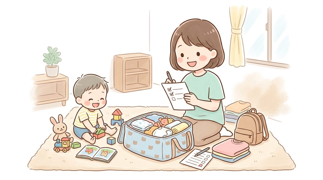 リビングで帰省用の荷物をチェックリストと照らし合わせながら準備する母親と隣で遊ぶ2歳の子ども