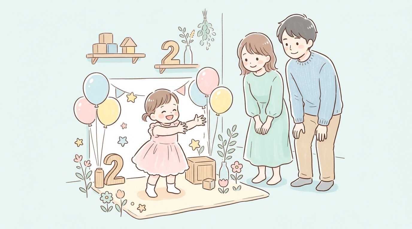 撮影ブースでカメラマンに向かって手を伸ばし笑顔を見せる2歳児と見守る家族