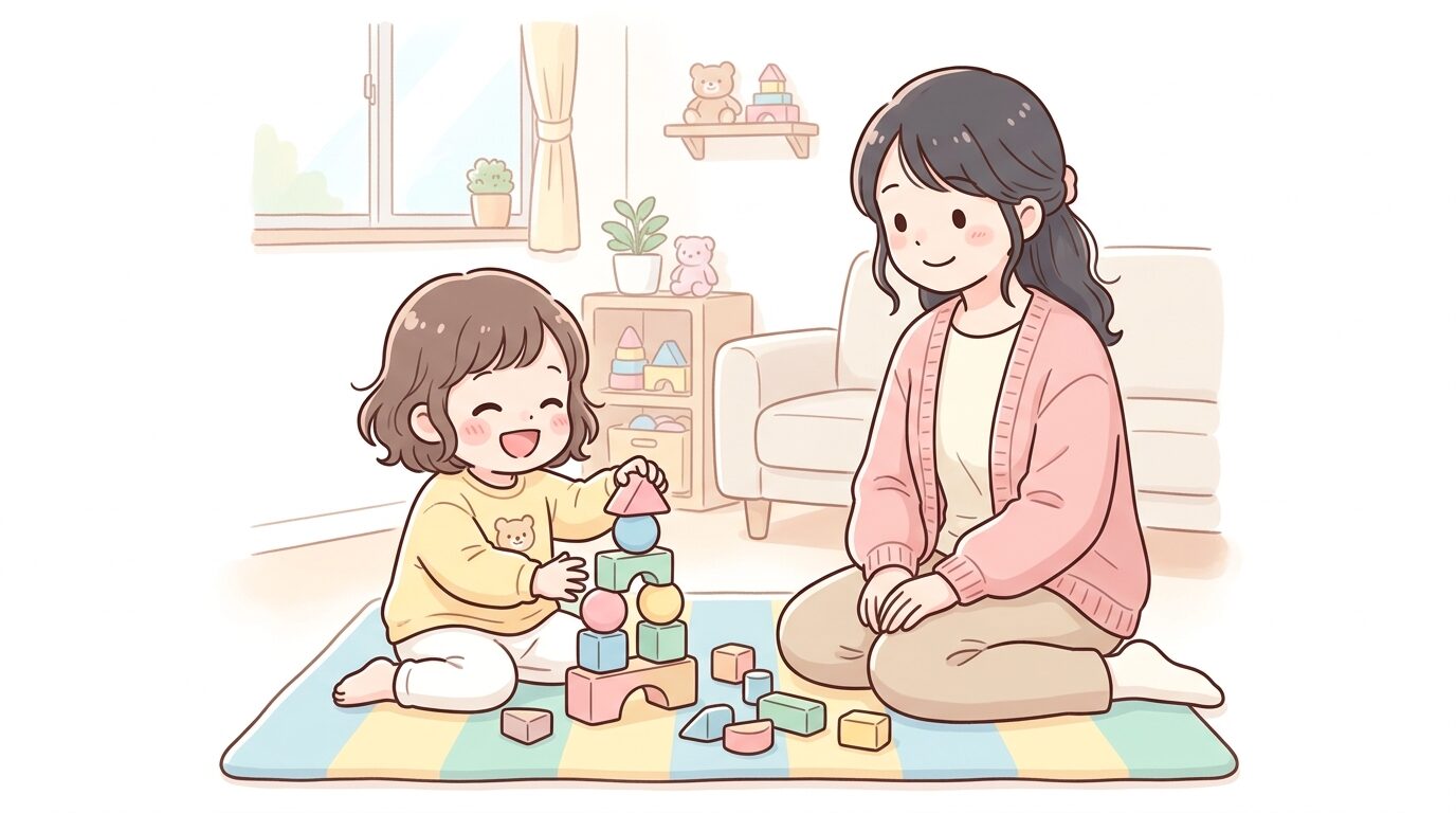 リビングでブロック遊びをしながら笑顔を見せる2歳くらいの子どもと、そばで見守る母親