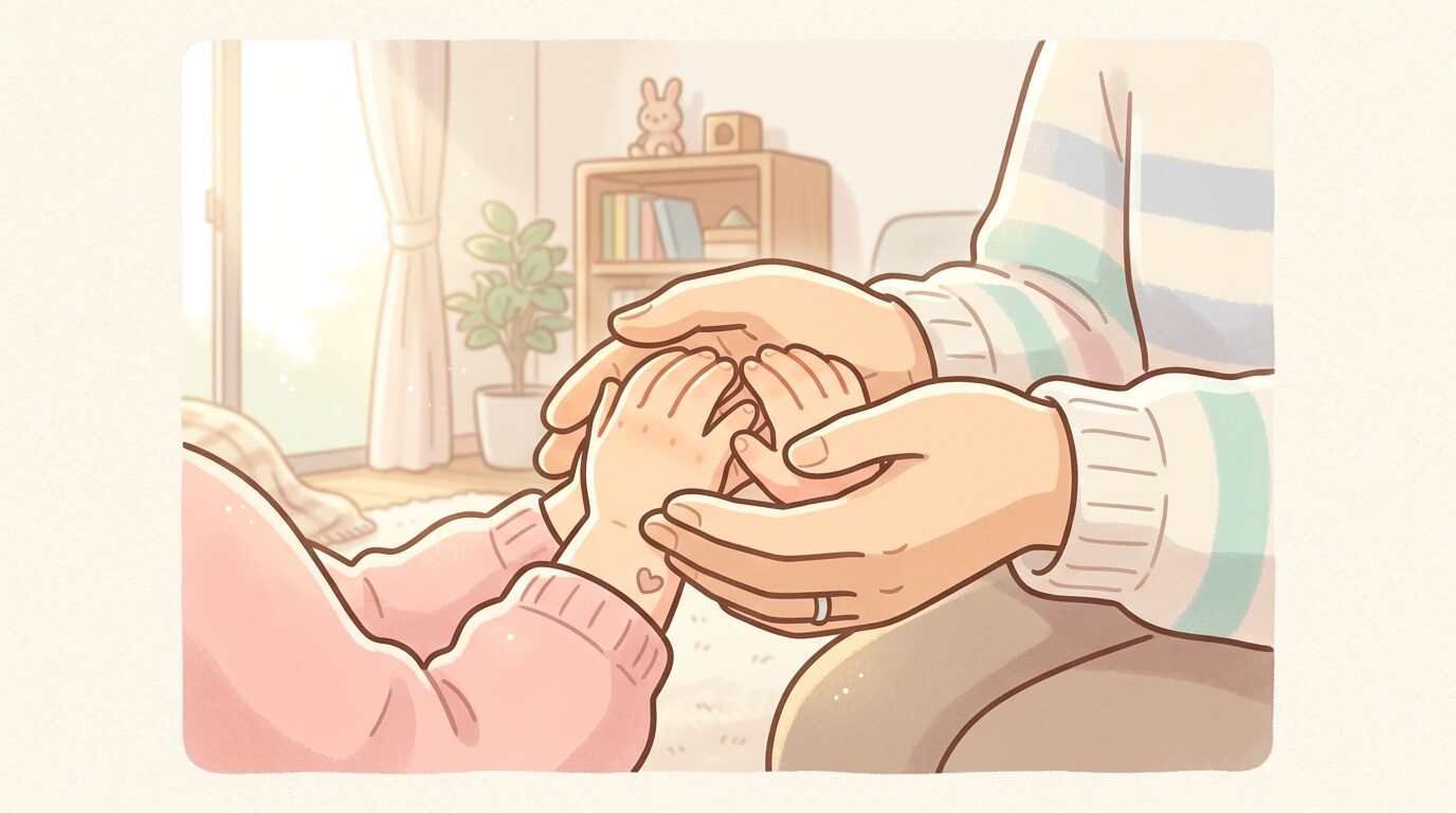 小さな子どもの手を優しく包み込むように握る親の手元、あたたかい光が差し込む室内