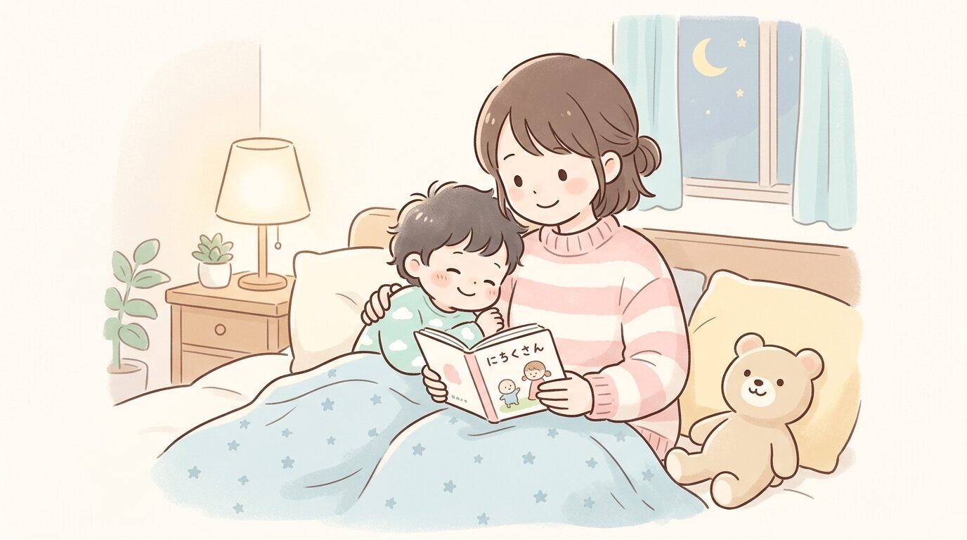 絵本を読み聞かせる親と、安心した表情で寄り添う2歳児の夜のワンシーン