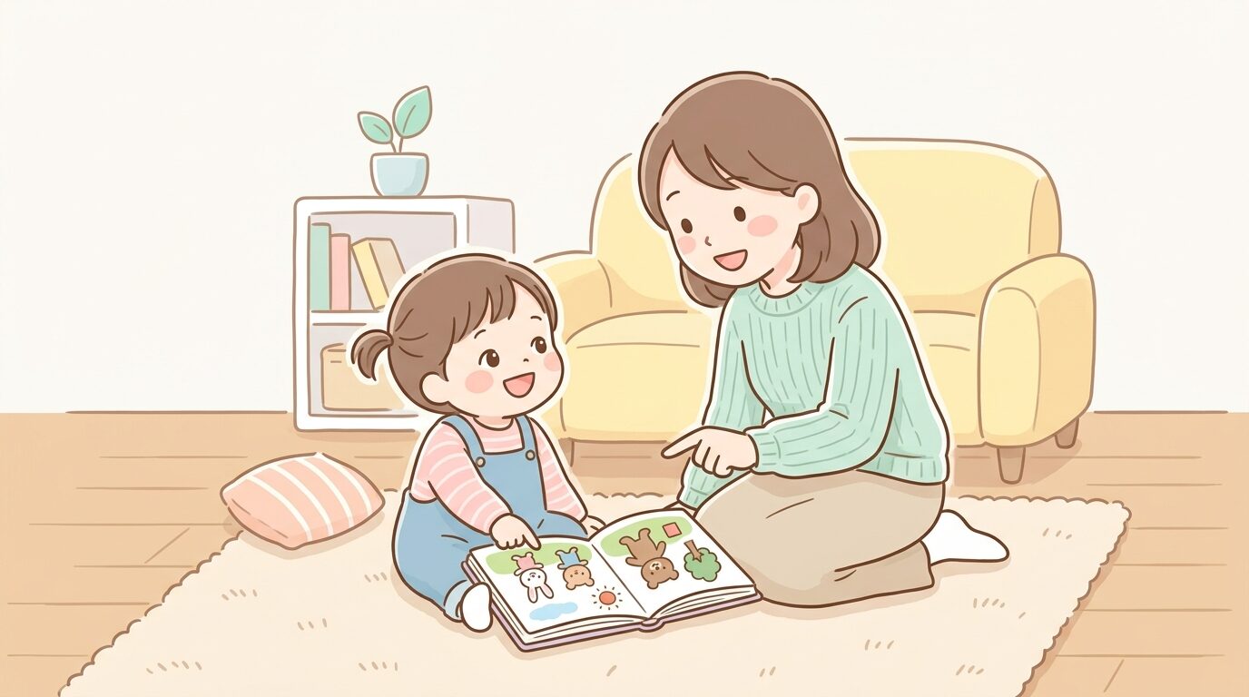 リビングで絵本を指差しながら親子で会話を楽しむ2歳児と母親