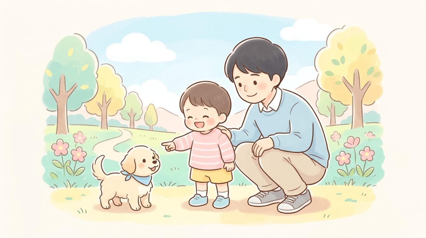 公園で犬を見つけて指差しする子どもと、しゃがんで一緒に見守る父親