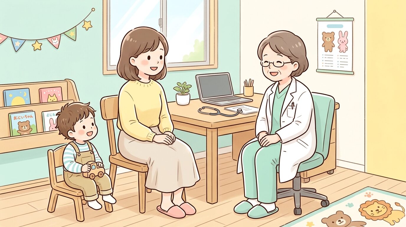 小児科の診察室で医師と話す母親と、隣で椅子に座る2歳児
