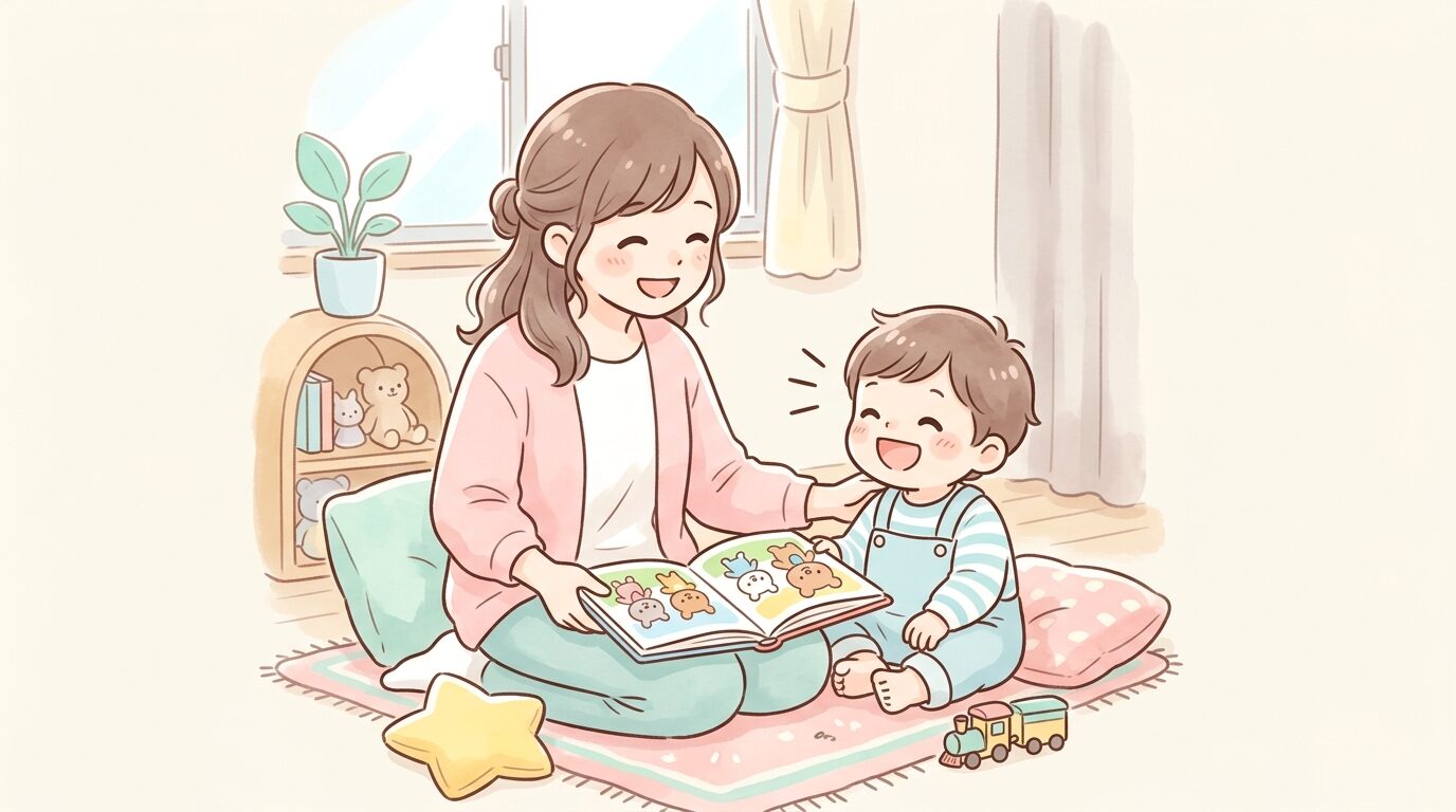 リビングで絵本を読みながら笑顔で会話をする2歳児と母親