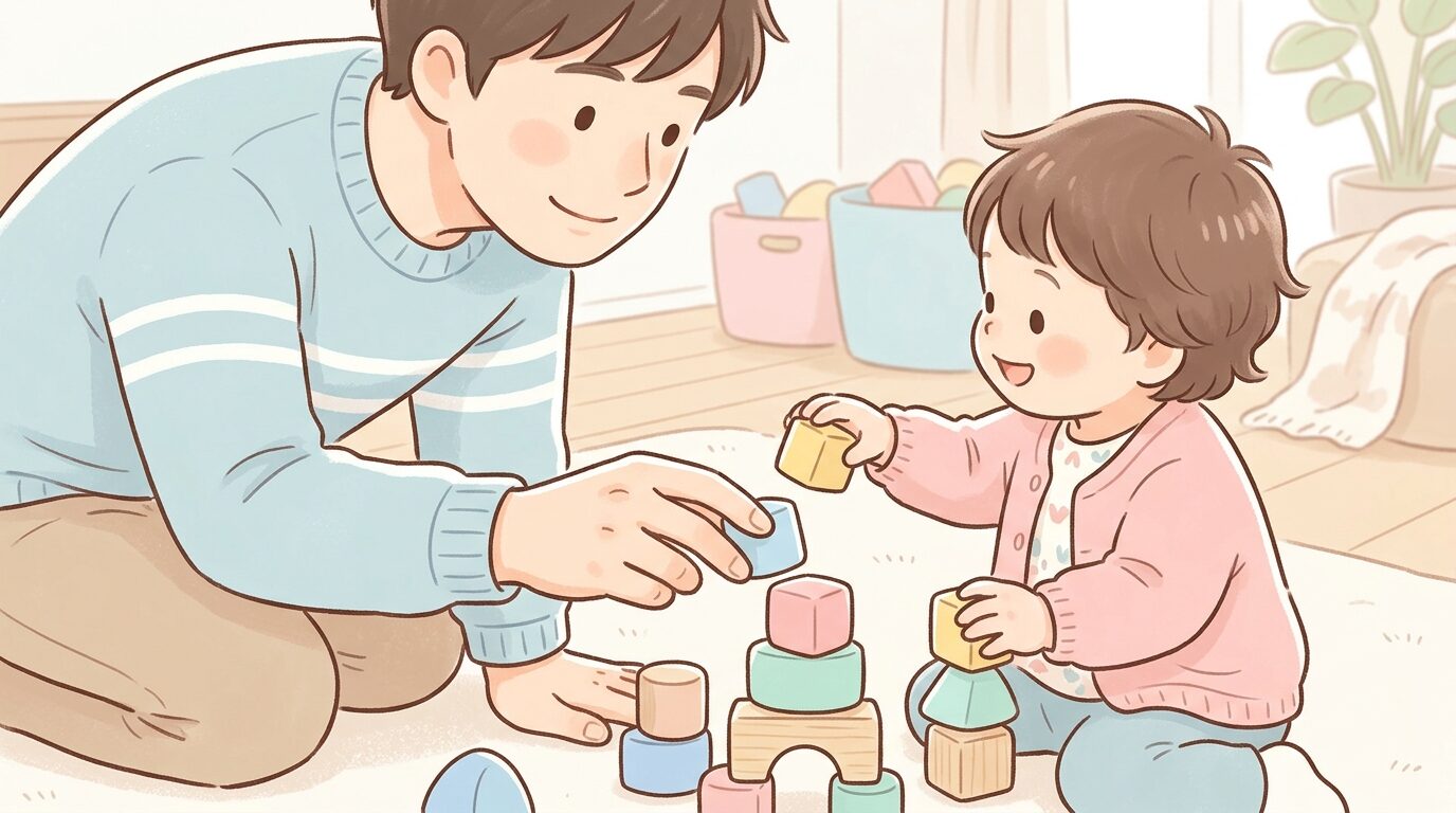 積み木遊びをしながら子どもに話しかける父親の手元アップ